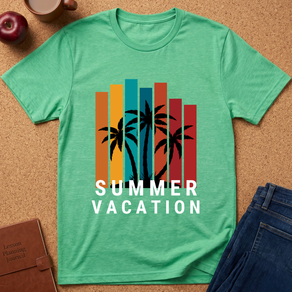 A mint green heathered t-shirt laid flat on a cork background, featuring a retro graphic of black palm trees in front of vertical orange, yellow, teal, and red stripes, with the text 'SUMMER VACATION' in white. Styled flat-lay props include an apple, a coffee cup, a brown journal, and blue jeans.