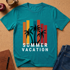 A teal short-sleeve t-shirt laid flat on a cork surface, featuring a retro-style graphic with vertical orange, yellow, teal, and red bars, black palm tree silhouettes, and the words 'SUMMER VACATION' in white. Surrounding props include a brown journal, a black pen, a red apple, a coffee mug, and blue jeans.