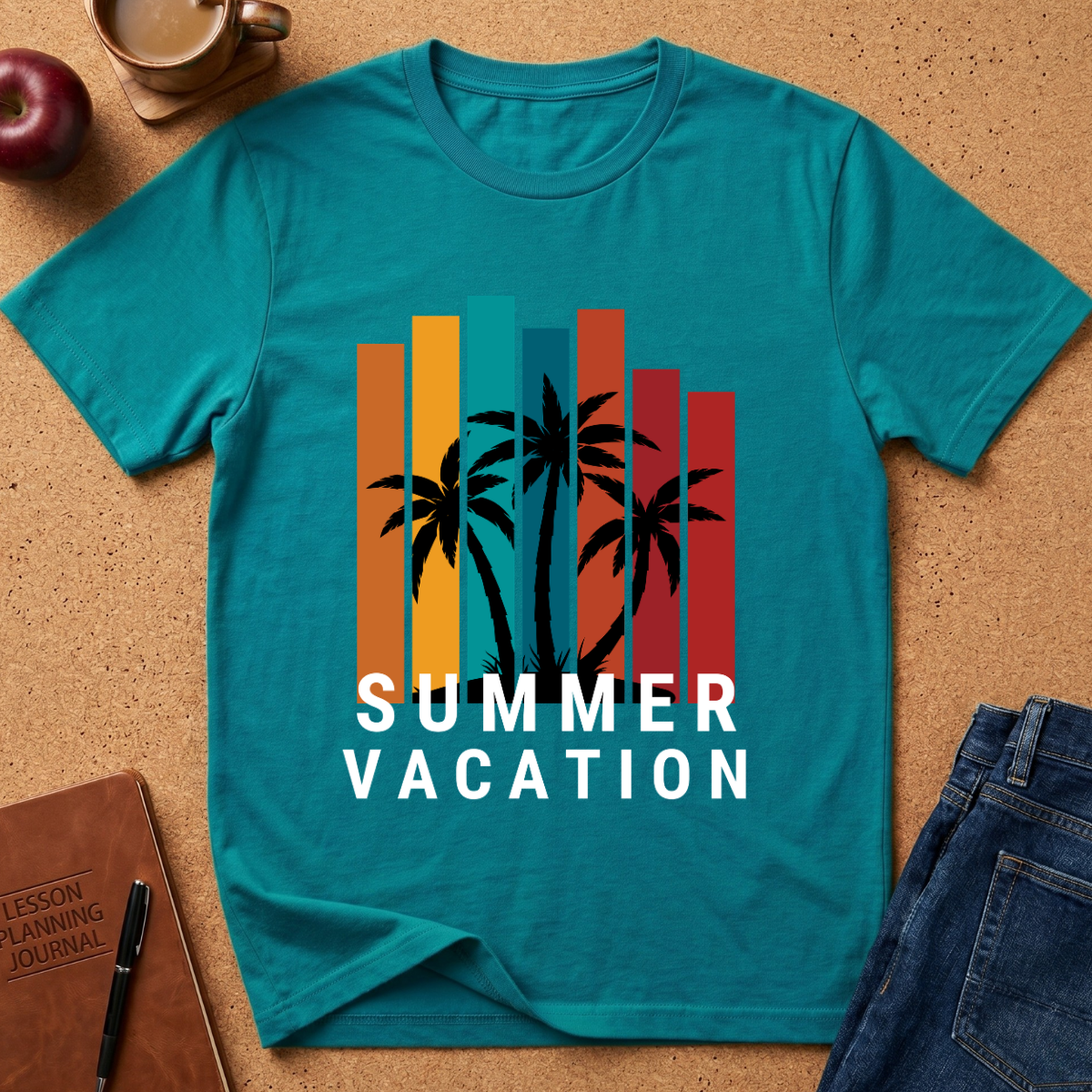 A teal short-sleeve t-shirt laid flat on a cork surface, featuring a retro-style graphic with vertical orange, yellow, teal, and red bars, black palm tree silhouettes, and the words 'SUMMER VACATION' in white. Surrounding props include a brown journal, a black pen, a red apple, a coffee mug, and blue jeans.
