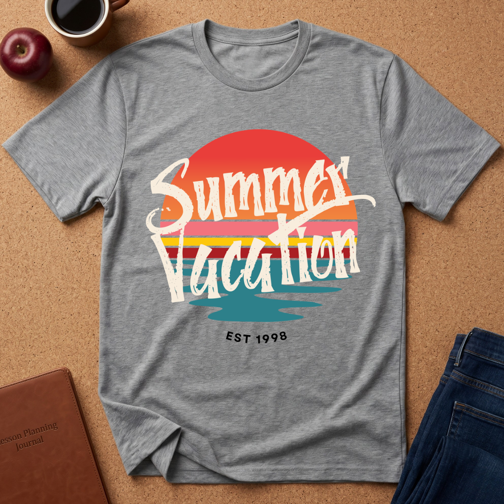 A heather gray short-sleeve t-shirt with a retro sunset graphic reading 'Summer Vacation' and 'EST 1998', laid flat on a cork background with an apple, coffee cup, notebook, and jeans nearby.