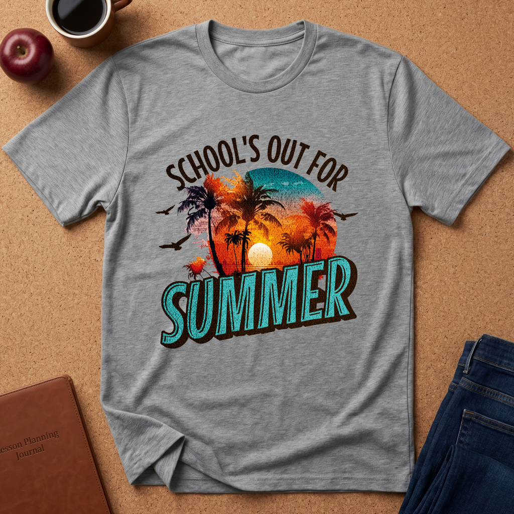 A heather gray short-sleeve t-shirt with a colorful retro graphic that reads 'SCHOOL'S OUT FOR SUMMER' with palm trees and a sunset, laid flat on a cork background with props including an apple, coffee cup, notebook, and jeans.