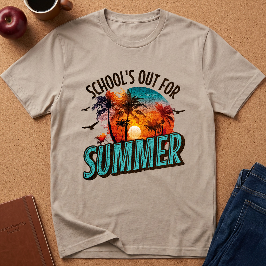 A light beige graphic t-shirt laid flat on a cork background, featuring a colorful retro sunset design with palm trees and the text 'SCHOOL'S OUT FOR SUMMER'. Styled flat-lay props include a coffee cup, an apple, a notebook, and blue jeans.