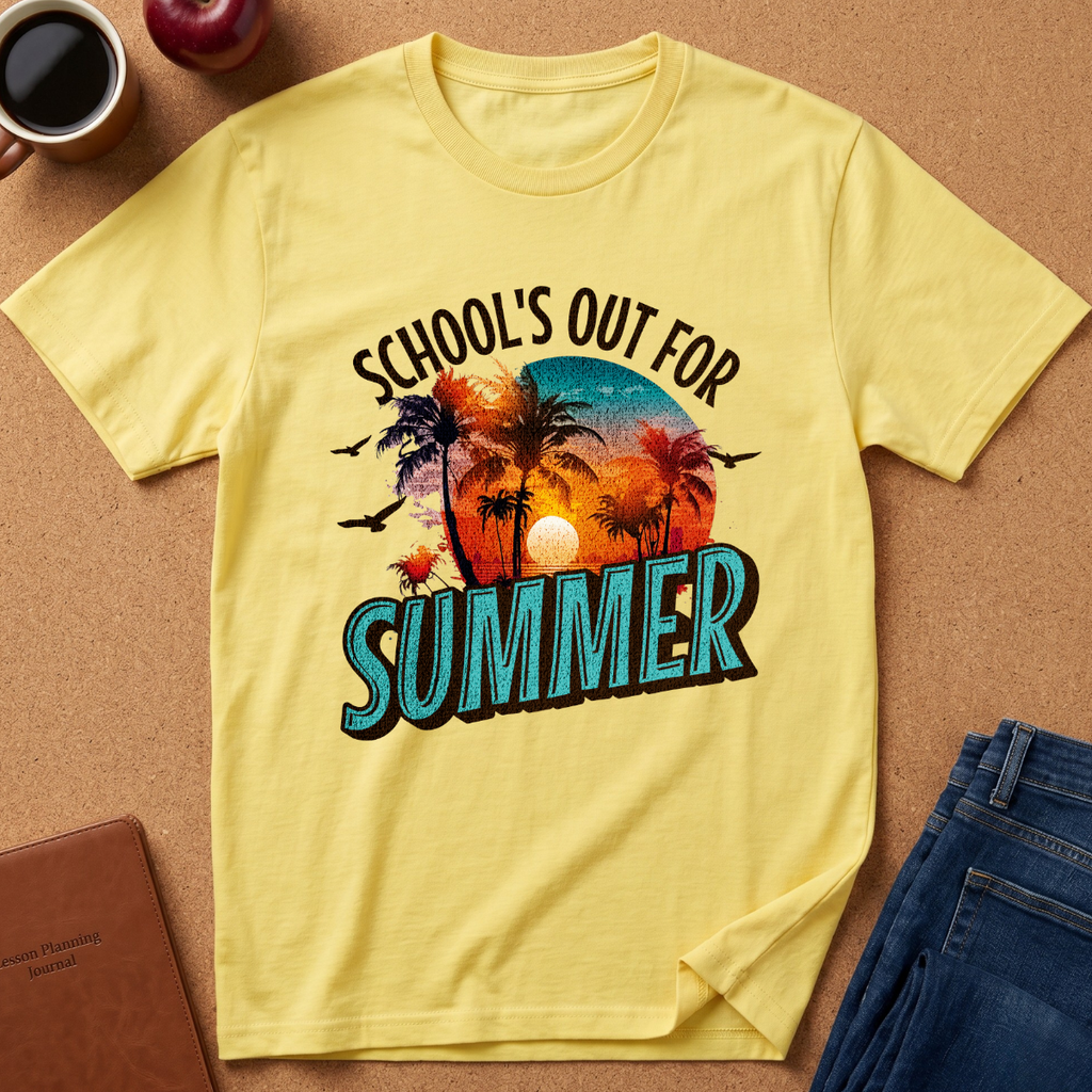 A pale yellow graphic T-shirt laid flat on a cork-like surface, with the words “SCHOOL'S OUT FOR SUMMER” above and below a tropical sunset scene featuring palm trees, birds, and a bright sun. Blue jeans, a coffee cup, and a notebook are partially visible around it as styling props.
