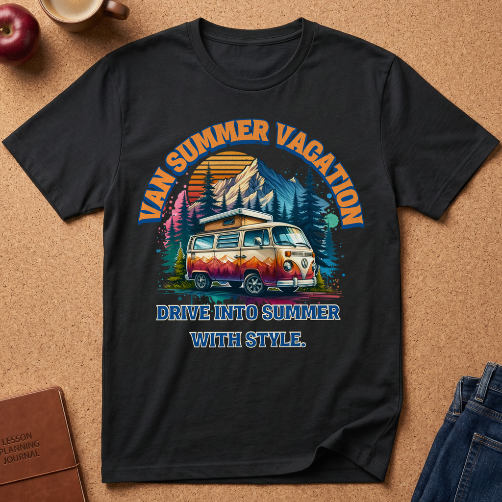 A black short-sleeve graphic T-shirt laid flat on a cork surface, featuring a colorful retro campsite scene with a van, trees, mountains, and the text 'VAN SUMMER VACATION' and 'DRIVE INTO SUMMER WITH STYLE.' Styled props include an apple, mug, journal, and jeans around the shirt.