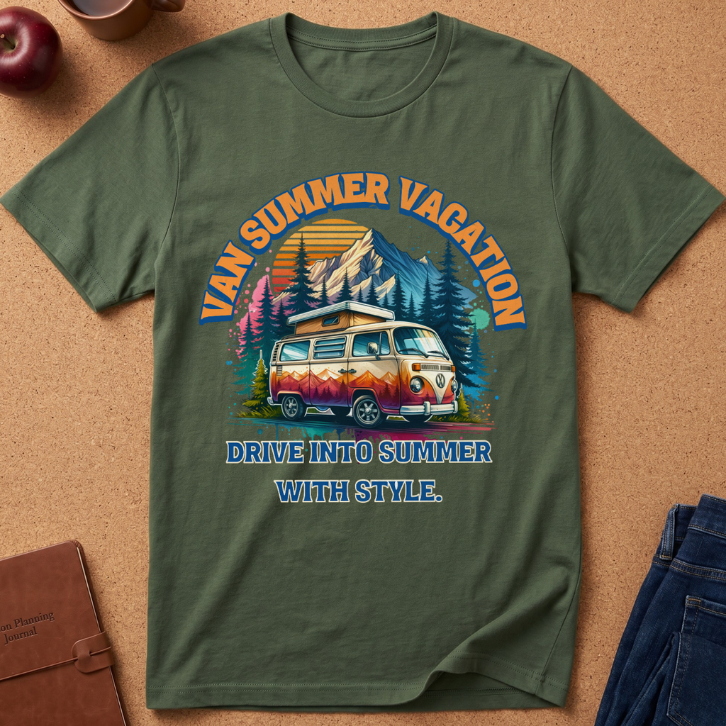 An olive green short-sleeve t-shirt laid flat on a cork background, featuring a colorful retro graphic of a van summer vacation scene with the text 'VAN SUMMER VACATION' and 'DRIVE INTO SUMMER WITH STYLE.'.