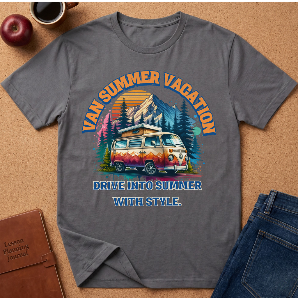 A gray short-sleeve graphic T-shirt laid flat on a cork surface, surrounded by lifestyle props including an apple, coffee cup, brown journal, and blue jeans. The shirt features a colorful retro-style mountain and campervan design with the text 'VAN SUMMER VACATION' and 'DRIVE INTO SUMMER WITH STYLE.