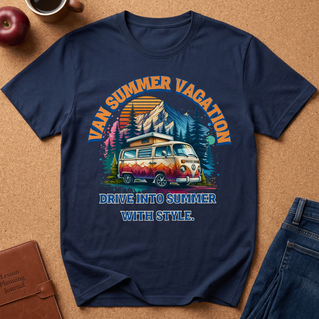 A navy blue graphic t-shirt laid flat on a cork background, featuring a retro-style illustration of a vintage camper van with mountains, trees, and the text 'VAN SUMMER VACATION' and 'DRIVE INTO SUMMER WITH STYLE.' Props around it include part of a brown leather journal, a blue denim jacket, a red apple, and a coffee mug.