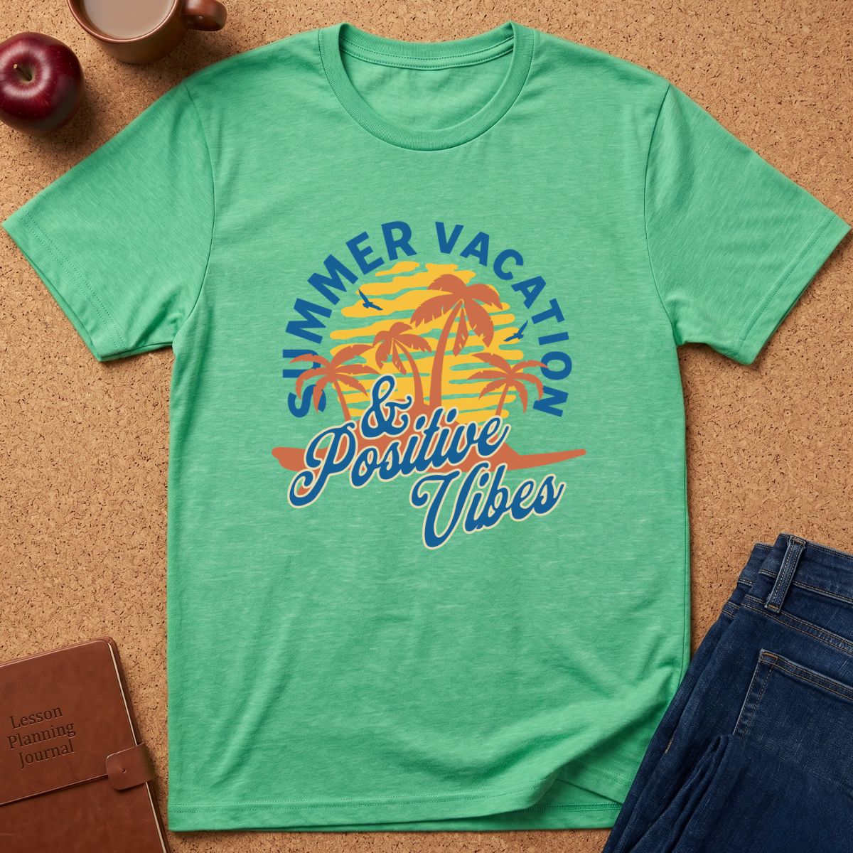 A green short-sleeve t-shirt laid flat on a cork background, featuring a colorful retro graphic with palm trees and the text 'Summer Vacation & Positive Vibes.' Props around it include an apple, a coffee cup, a notebook, and folded blue jeans.