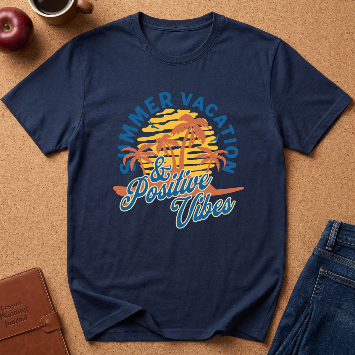 A navy blue short-sleeve t-shirt with a colorful retro graphic reading 'Summer Vacation & Positive Vibes' over a yellow sun and palm trees, styled in a flat lay on a cork background with an apple, coffee cup, leather journal, and jeans nearby.