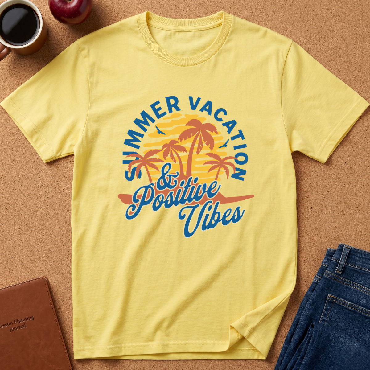A pale yellow short-sleeve graphic T-shirt laid flat on a cork-like surface, with blue and orange tropical palm tree artwork and the words 'Summer Vacation & Positive Vibes.' Surrounding props include a coffee cup, apple, notebook, and folded jeans.