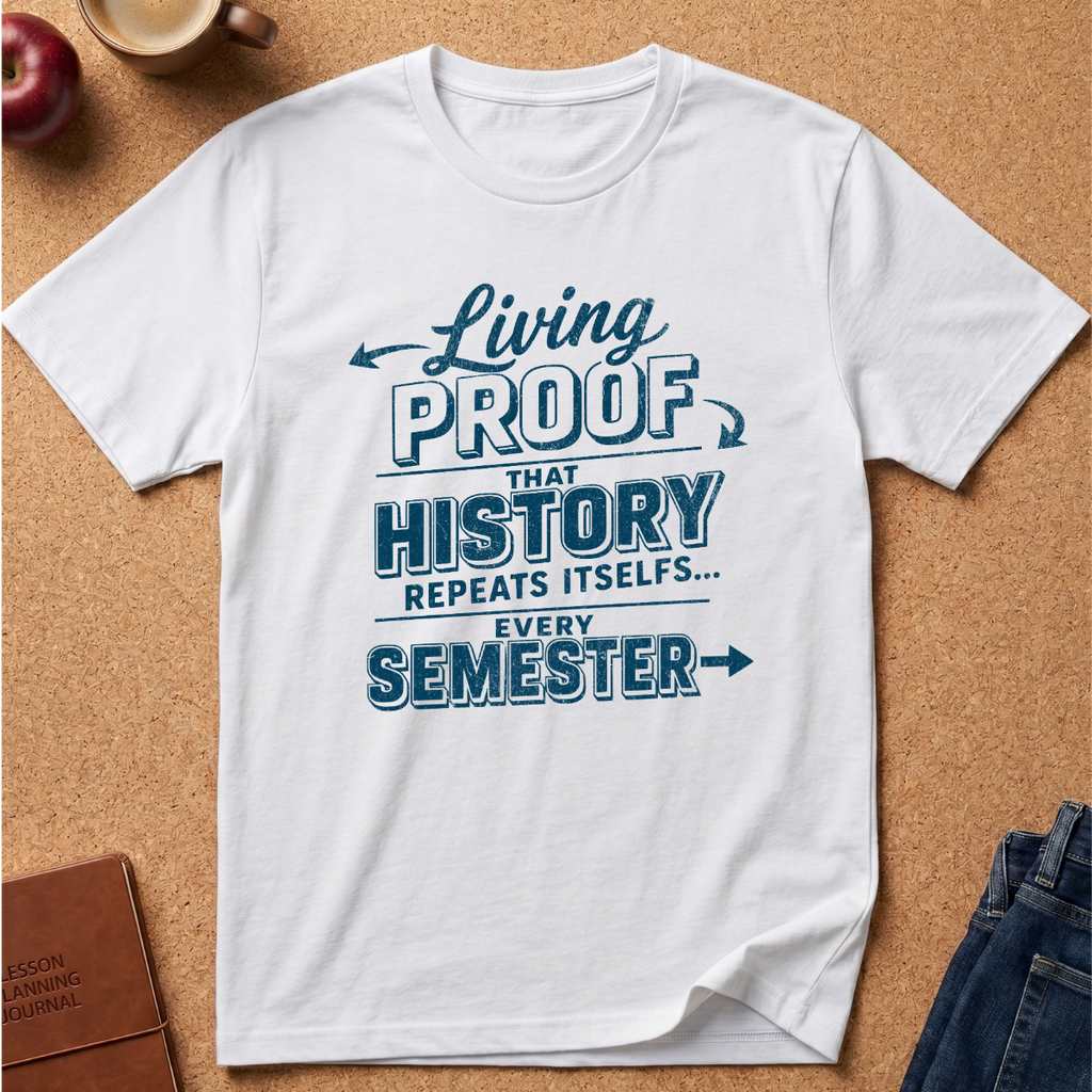 A white short-sleeve graphic T-shirt laid flat on a cork background, with blue text reading 'Living PROOF THAT HISTORY REPEATS ITSELF.