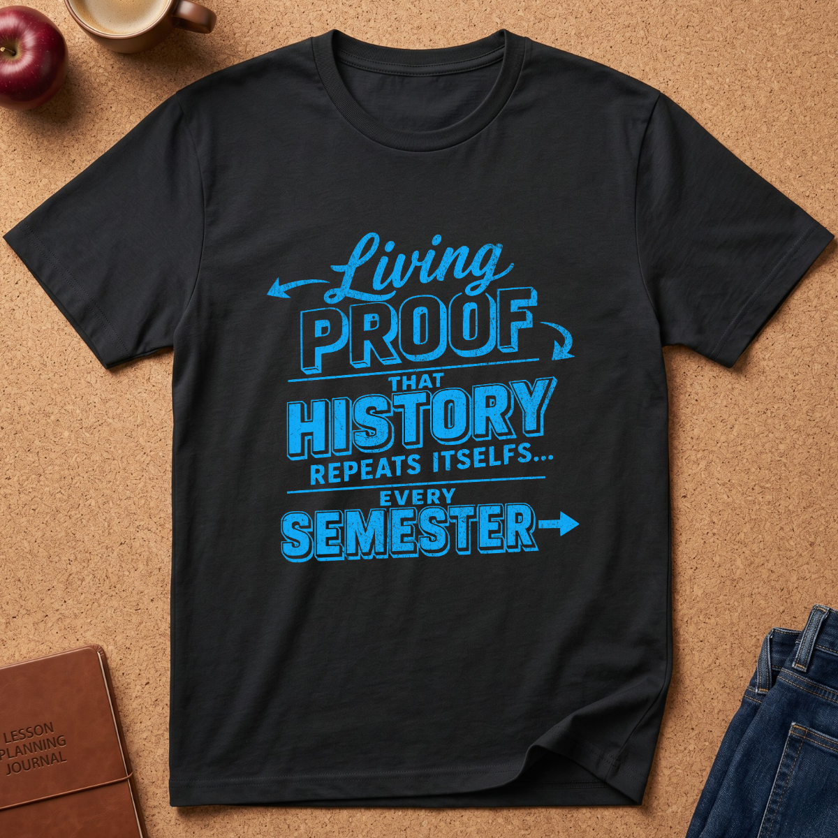 A black short-sleeve graphic T-shirt laid flat on a cork surface, with blue text reading 'Living PROOF THAT HISTORY REPEATS ITSELF.