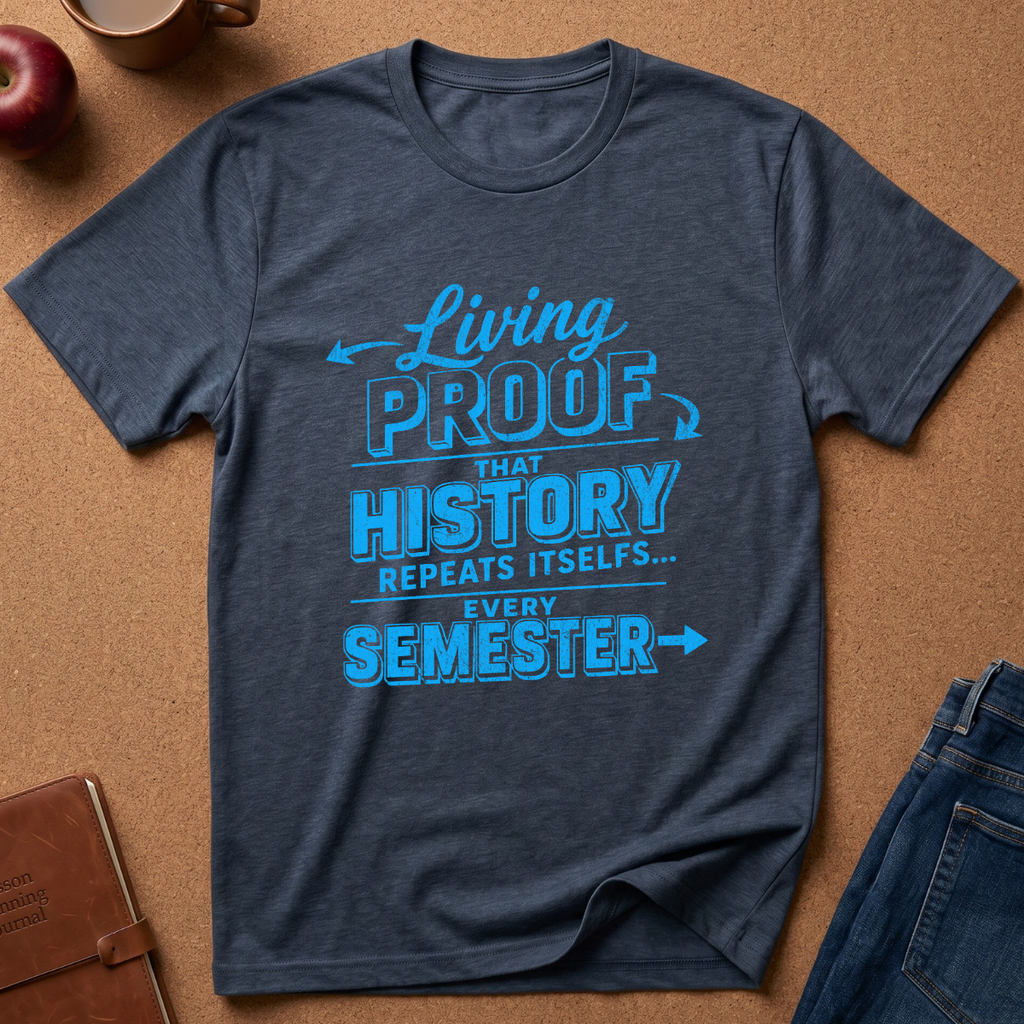 A heather navy blue graphic t-shirt with a bright blue text print reading 'Living PROOF THAT HISTORY REPEATS ITSELF.