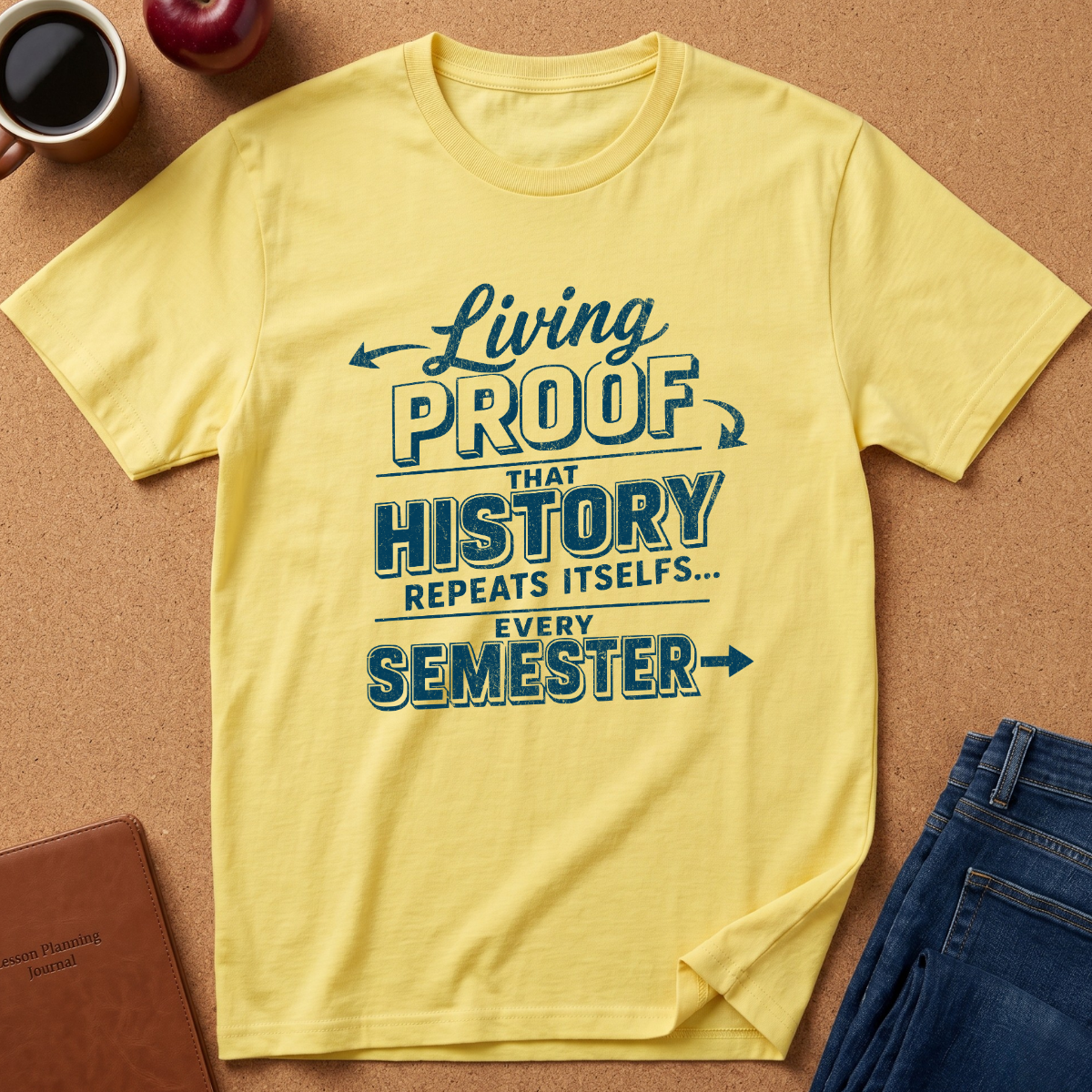 A pale yellow graphic T-shirt laid flat on a cork surface, with blue text reading 'Living PROOF THAT HISTORY REPEATS ITSELF.