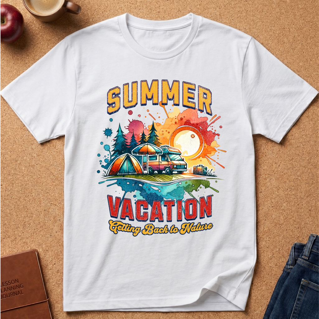 A white short-sleeve crewneck t-shirt laid flat on a cork background, featuring a colorful graphic print with the words 'SUMMER VACATION' and an illustration of a campsite scene with a camper van, tents, trees, and a sunset.