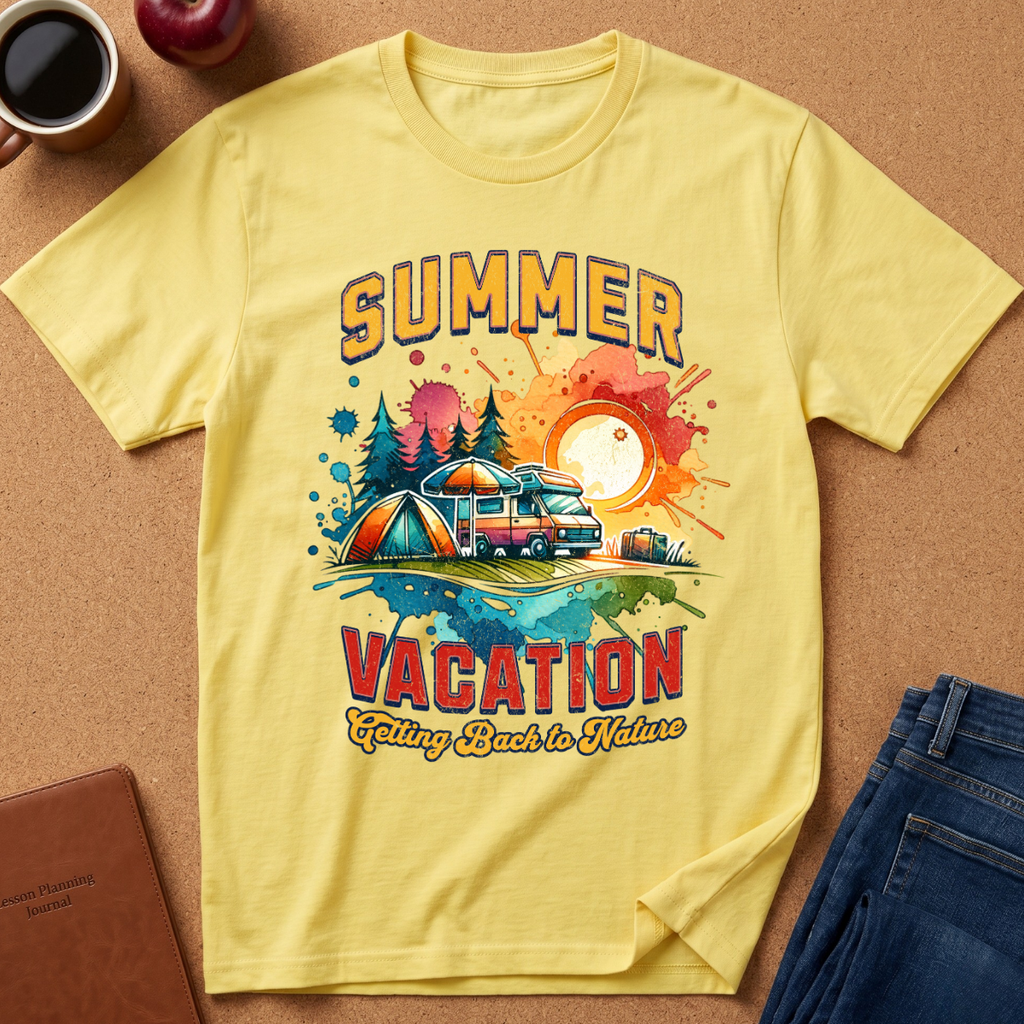 A yellow short-sleeve graphic T-shirt laid flat on a cork-like surface, surrounded by a coffee cup, apple, notebook, and folded jeans. The shirt features a colorful retro-style travel graphic with the words “SUMMER VACATION” and an illustration of a camper van, tent, trees, and sun.