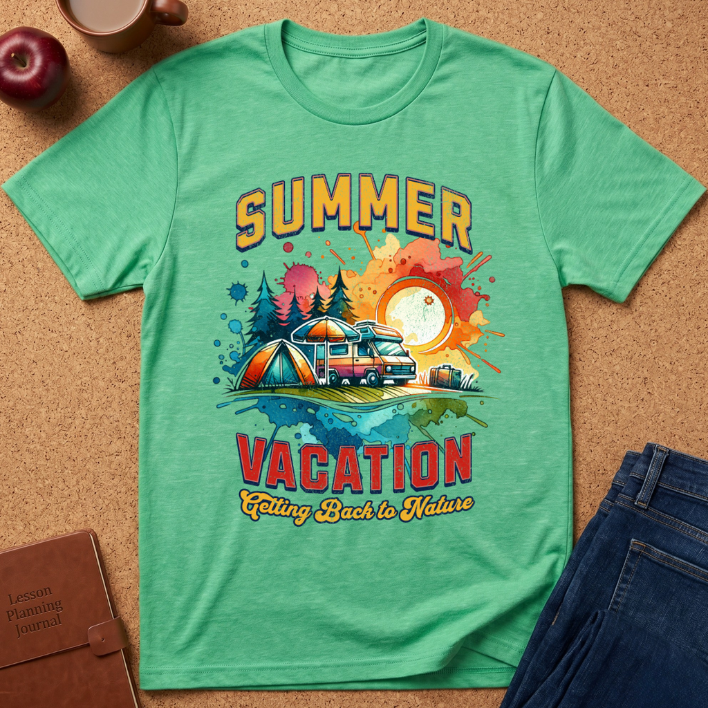 A mint green short-sleeve t-shirt laid flat on a cork background, featuring a colorful retro-style graphic with the words 'SUMMER VACATION' and 'Falling Back to Nature' around an illustration of a campsite scene with a tent, camper, trees, and sunset. Partial jeans, a book, and a cup are visible around the shirt as styling props.