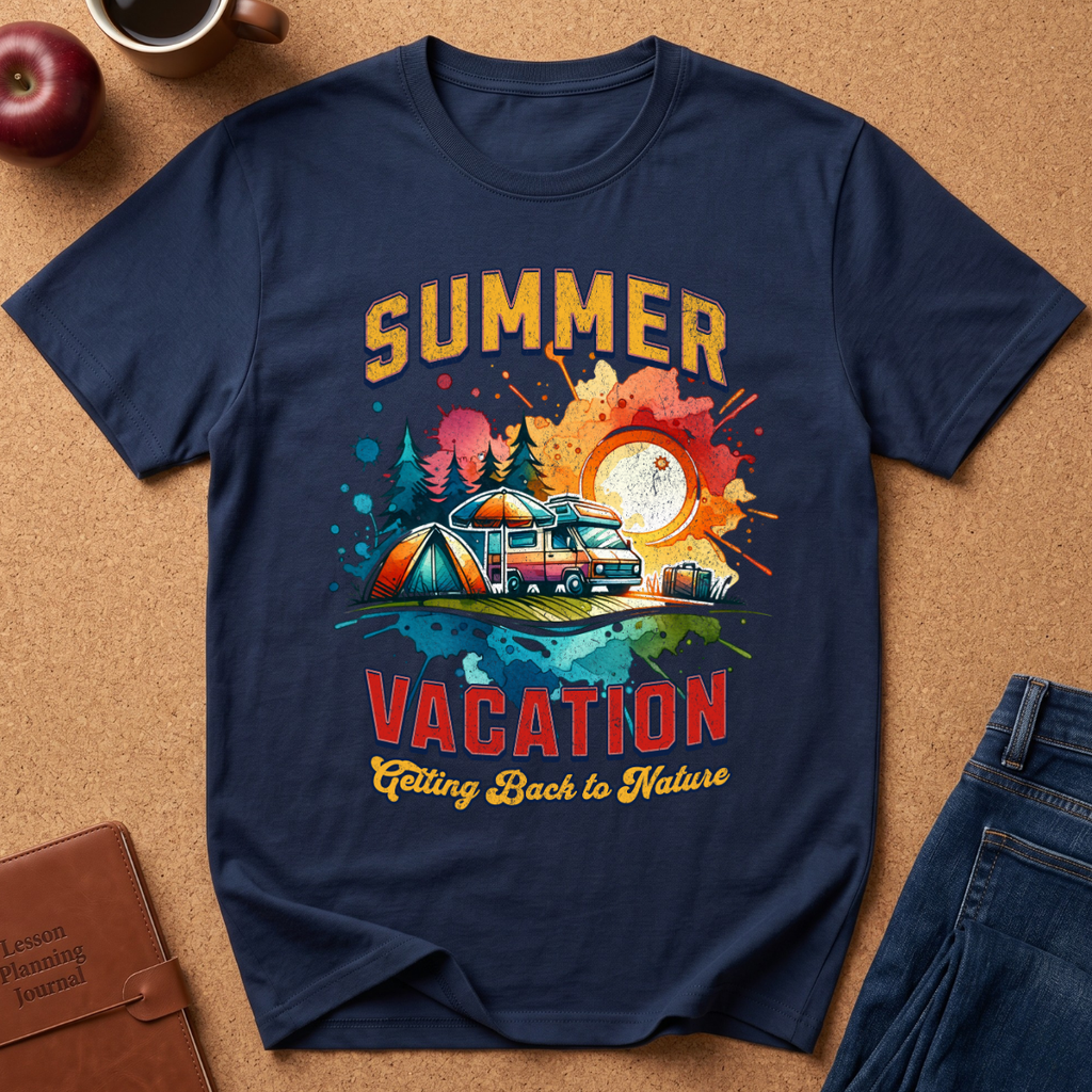 A navy blue graphic t-shirt laid flat on a brown cork background, surrounded by lifestyle props including an apple, a coffee mug, a leather journal, and blue jeans. The t-shirt features a colorful retro-style summer camping graphic with the text 'SUMMER VACATION' and 'Falling Back to Nature'.