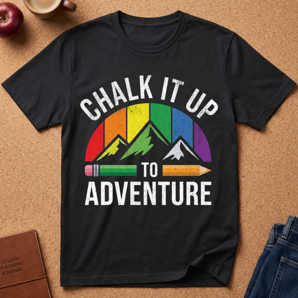A black short-sleeve graphic T-shirt laid flat on a cork surface, featuring the phrase “CHALK IT UP TO ADVENTURE” in white text above and below a multicolor mountain-and-pencil design. Partial props around the shirt include an apple, a mug, a journal, and jeans.
