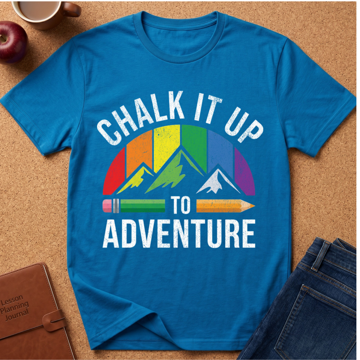 A bright blue graphic T-shirt laid flat on a cork surface, surrounded by styled props including an apple, a mug, a journal, and jeans. The shirt features the phrase “CHALK IT UP TO ADVENTURE” in white text above and below a mountain graphic with rainbow-colored stripes and pencils.