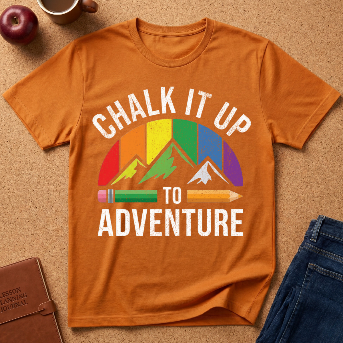 An orange short-sleeve graphic T-shirt laid flat on a cork-like surface, with a colorful retro mountain-and-rainbow print and the words “CHALK IT UP TO ADVENTURE.” Partial jeans, a notebook, a cup, and an apple are visible around it as styled props.