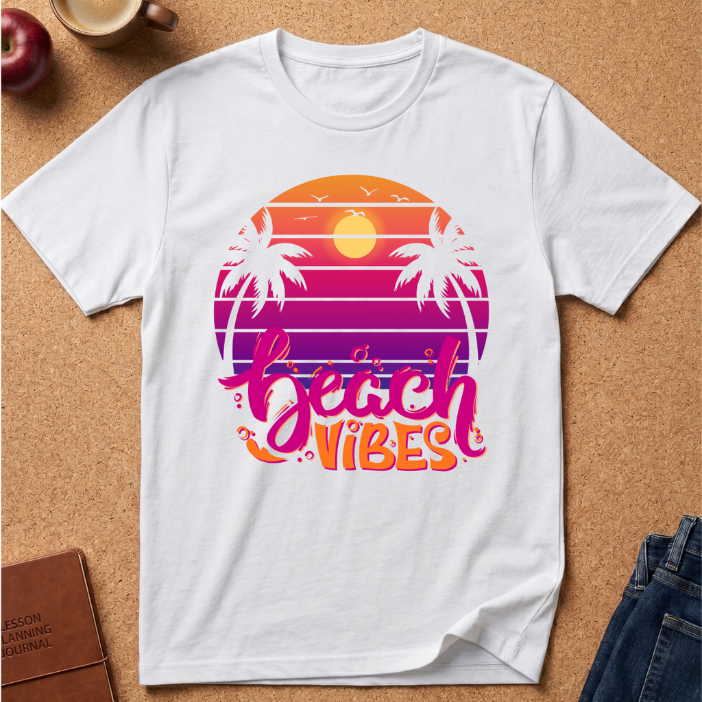 A white short-sleeve t-shirt laid flat on a cork surface, featuring a retro sunset graphic with palm trees and the words 'beach vibes' in pink and orange lettering. Styled flat-lay props include an apple, a coffee cup, a notebook, and jeans.