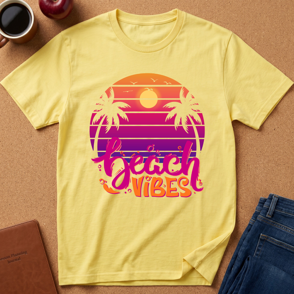 A yellow short-sleeve t-shirt laid flat on a cork surface, featuring a retro sunset graphic with palm trees and the words 'beach vibes' in pink, purple, and orange. A coffee cup, apple, notebook, and jeans are styled around it as props.