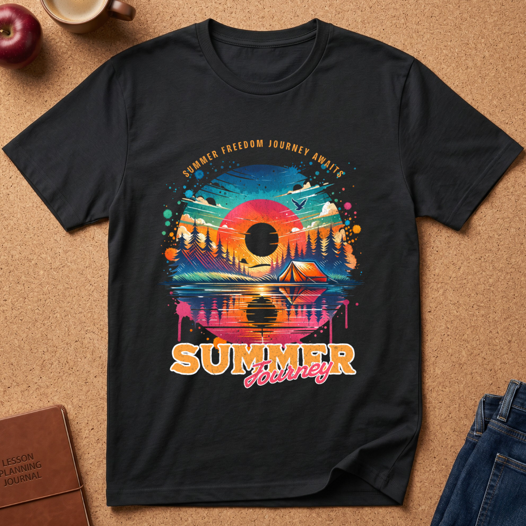 A black short-sleeve graphic T-shirt laid flat on a cork-like surface, featuring a colorful retro-style campsite sunset print with the words 'Summer Freedom Journey Again' and 'Summer Journey' in large orange letters. Partial props around the shirt include an apple, a mug, a journal, and jeans.