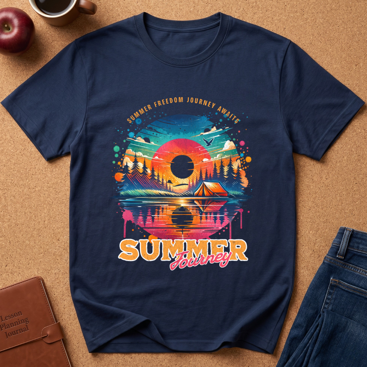 A navy blue short-sleeve t-shirt with a colorful retro-style summer camping graphic, laid flat on a brown cork background with lifestyle props including an apple, a coffee mug, a leather journal, and folded blue jeans.
