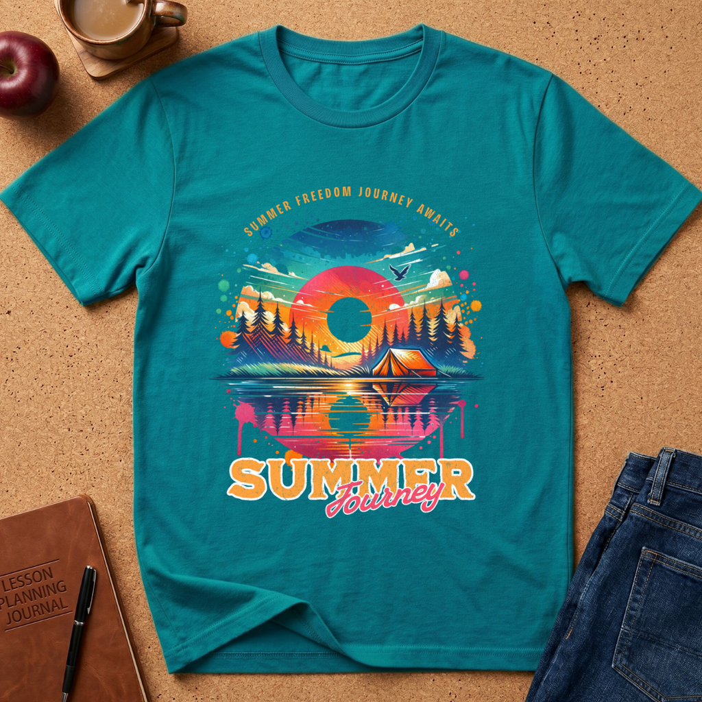 A teal short-sleeve graphic T-shirt laid flat on a cork surface, surrounded by lifestyle props including a coffee cup, apple, notebook, pen, and blue jeans. The shirt features a colorful retro mountain sunset campsite print with the words 'Summer Freedom Journey Again' and 'Summer Journey'.
