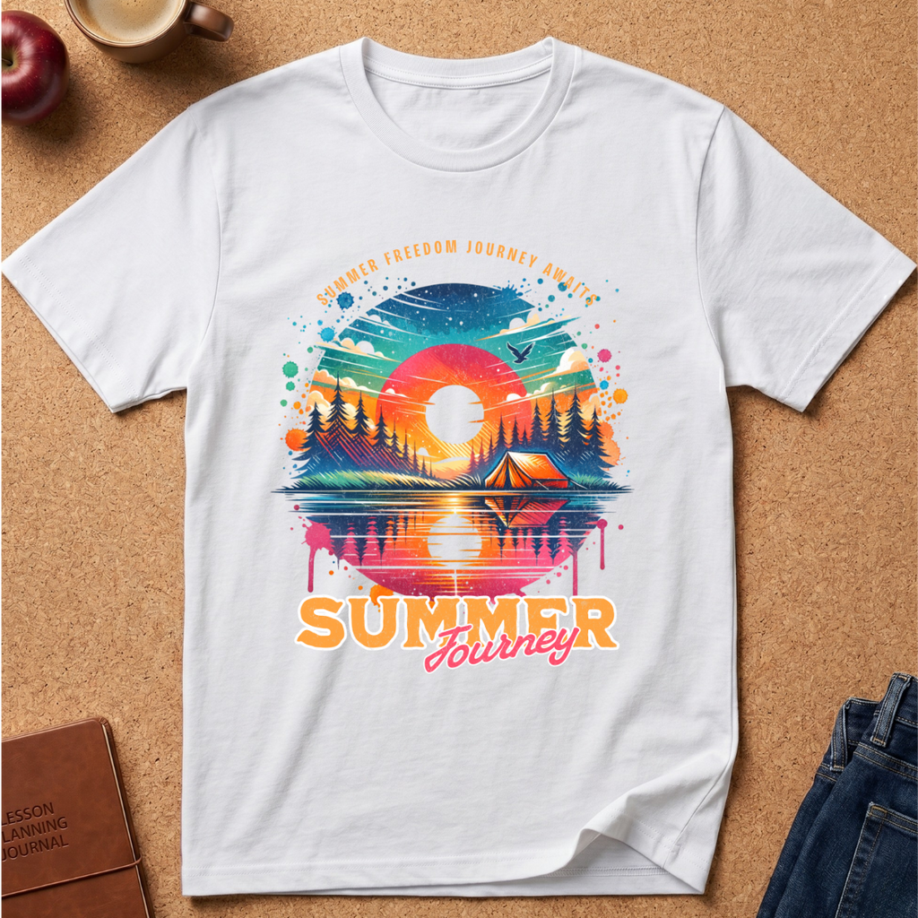 A white short-sleeve t-shirt with a colorful retro summer camping graphic, laid flat on a cork background with lifestyle props like an apple, a coffee cup, and jeans.