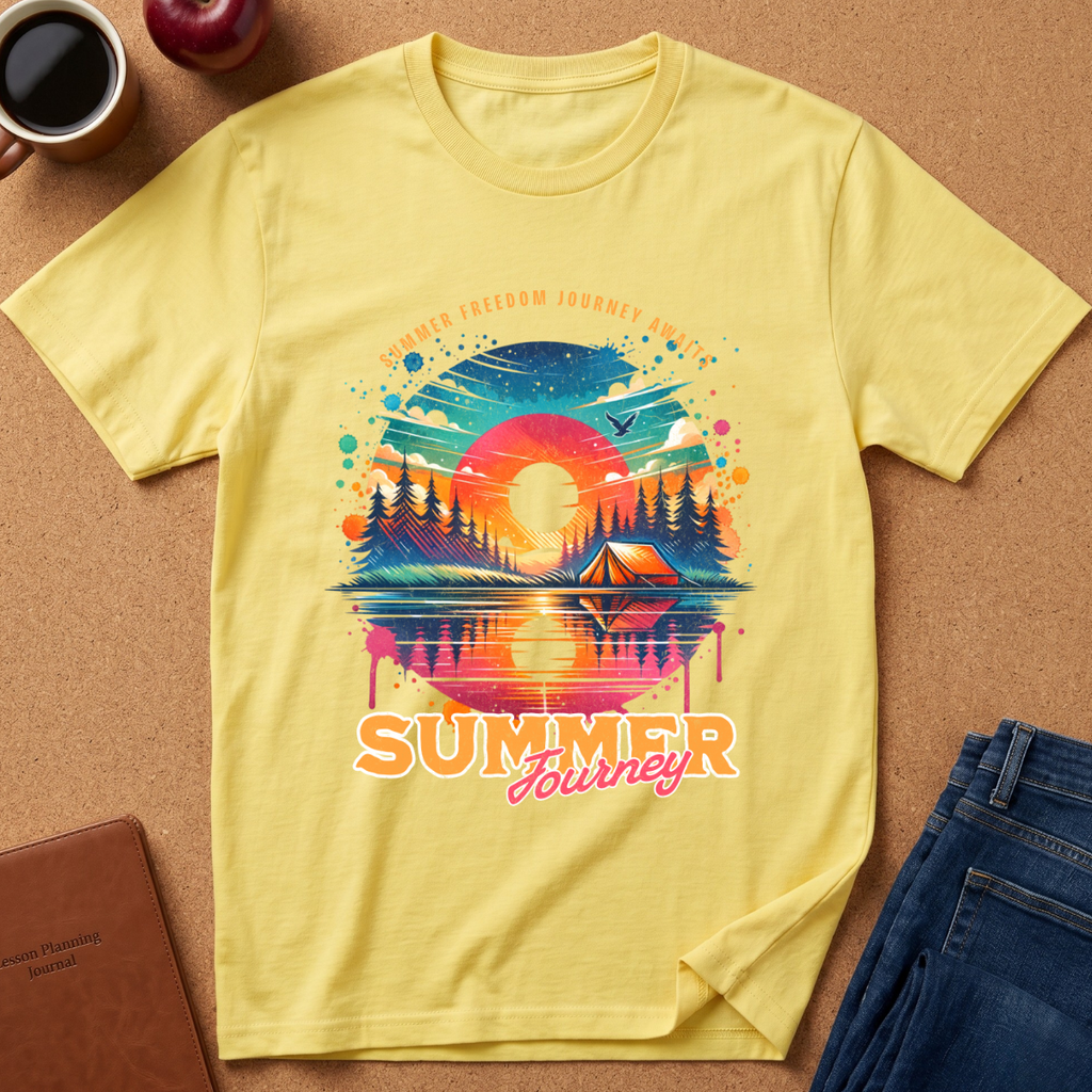 A pale yellow short-sleeve T-shirt laid flat on a cork-like surface, featuring a colorful retro mountain-and-lake sunset graphic with the words 'Summer Journey.' Coffee, an apple, a notebook, and folded blue jeans are placed around it as styling props.