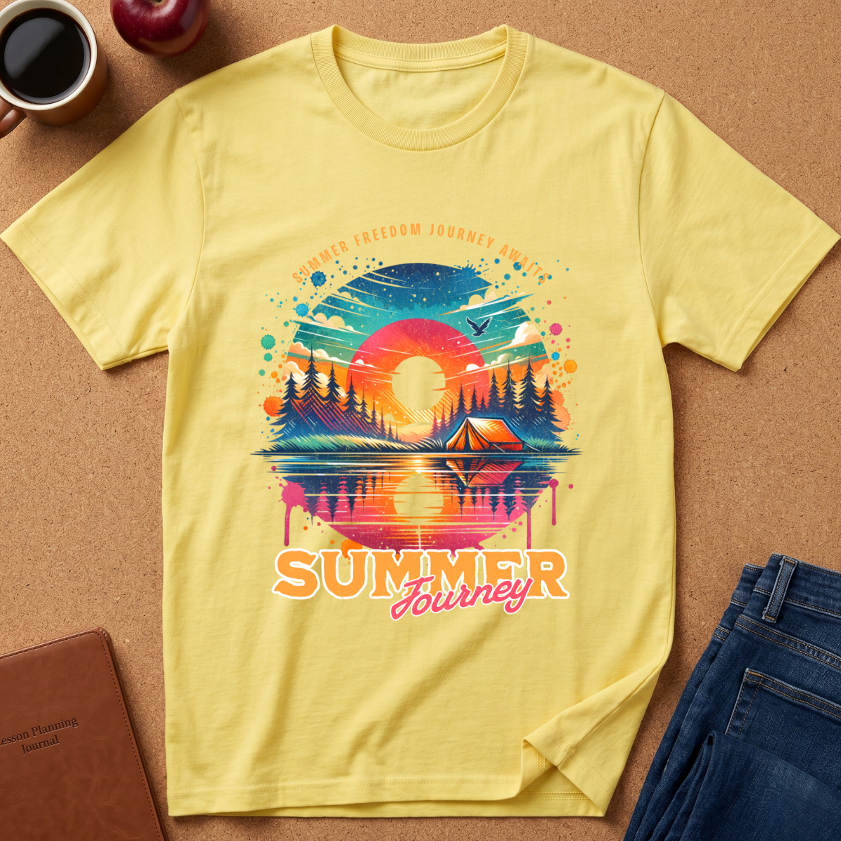 A pale yellow short-sleeve T-shirt laid flat on a cork-like surface, featuring a colorful retro mountain-and-lake sunset graphic with the words 'Summer Journey.' Coffee, an apple, a notebook, and folded blue jeans are placed around it as styling props.