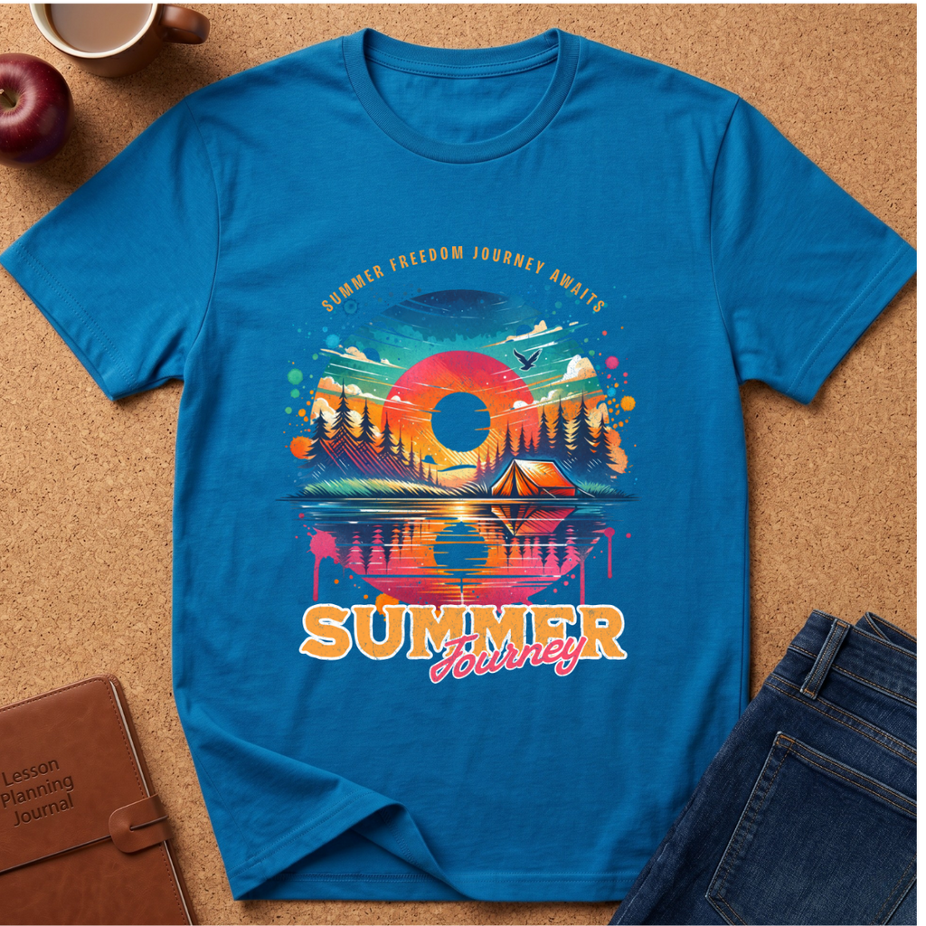 A bright blue short-sleeve t-shirt laid flat on a cork surface, featuring a colorful retro-style summer travel graphic with a sunset, mountains, trees, tent, and the words 'SUMMER FREEDOM JOURNEY AWAY'. Surrounding props include a coffee cup, apple, brown journal, and blue jeans.