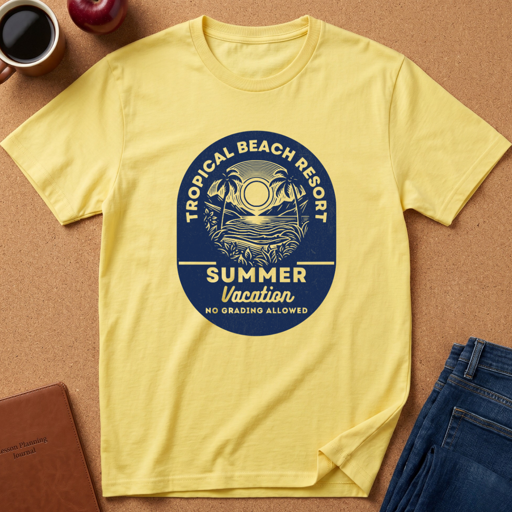 A pale yellow short-sleeve T-shirt laid flat on a tan cork-like surface, featuring a large circular tropical beach resort graphic in dark blue and cream that reads 'Tropical Beach Resort Summer Vacation No Grading Allowed.' Surrounding props include a coffee cup, apple, notebook, and folded jeans.