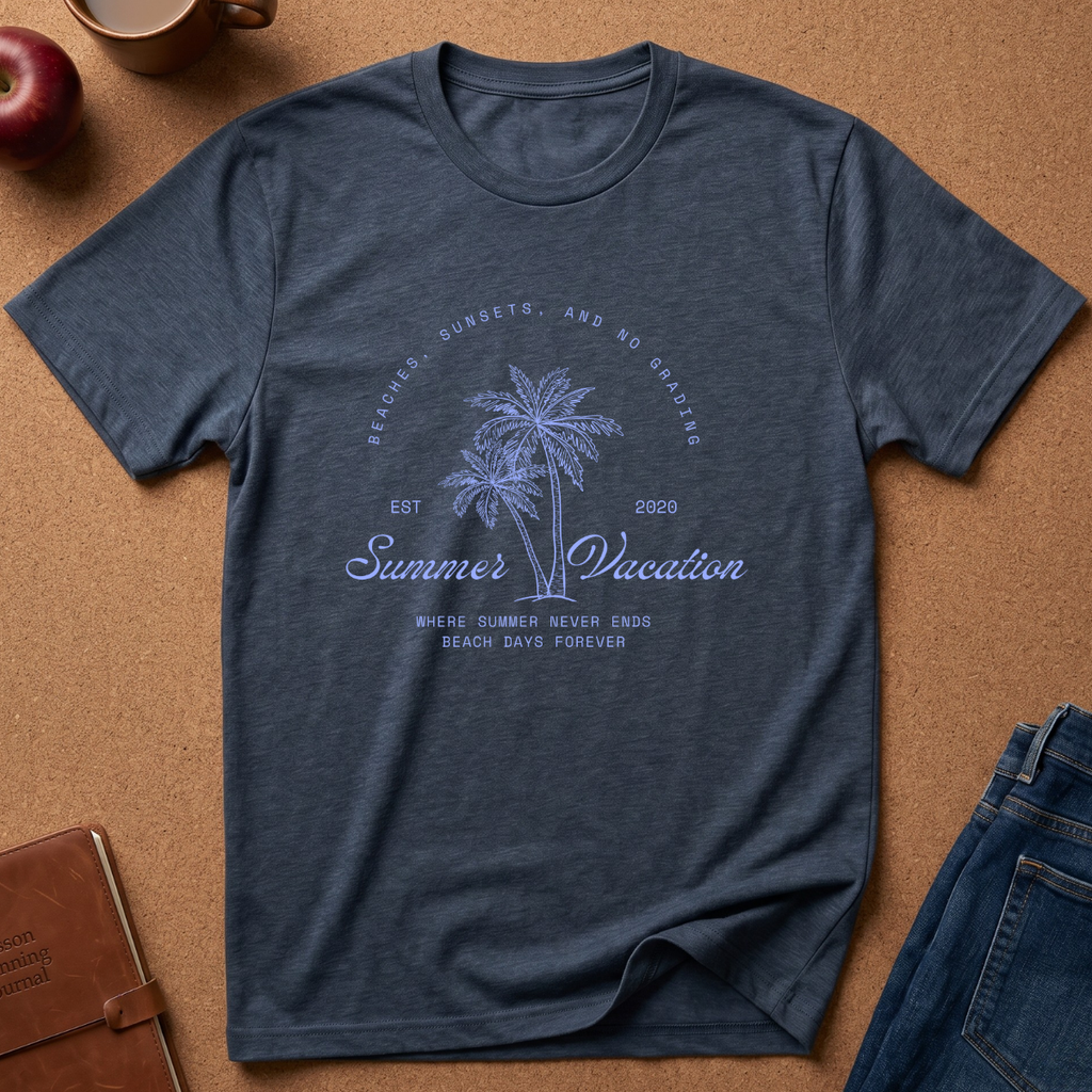 A heathered navy blue t-shirt with a light blue graphic print featuring palm trees and the text 'Summer Vacation' laid flat on a cork background with lifestyle props.