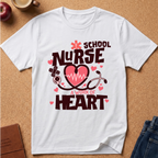 A white short-sleeve crewneck t-shirt with a 'School Nurse A Work of Heart' graphic, laid flat on a cork background with lifestyle props like an apple, a coffee cup, and jeans.