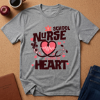 A heather gray graphic t-shirt laid flat on a cork background, featuring the text 'SCHOOL NURSE I'M NOT A HEART' with a pink heart, stethoscope, and medical cross design. Styled flat-lay props include an apple, coffee cup, notebook, and jeans.