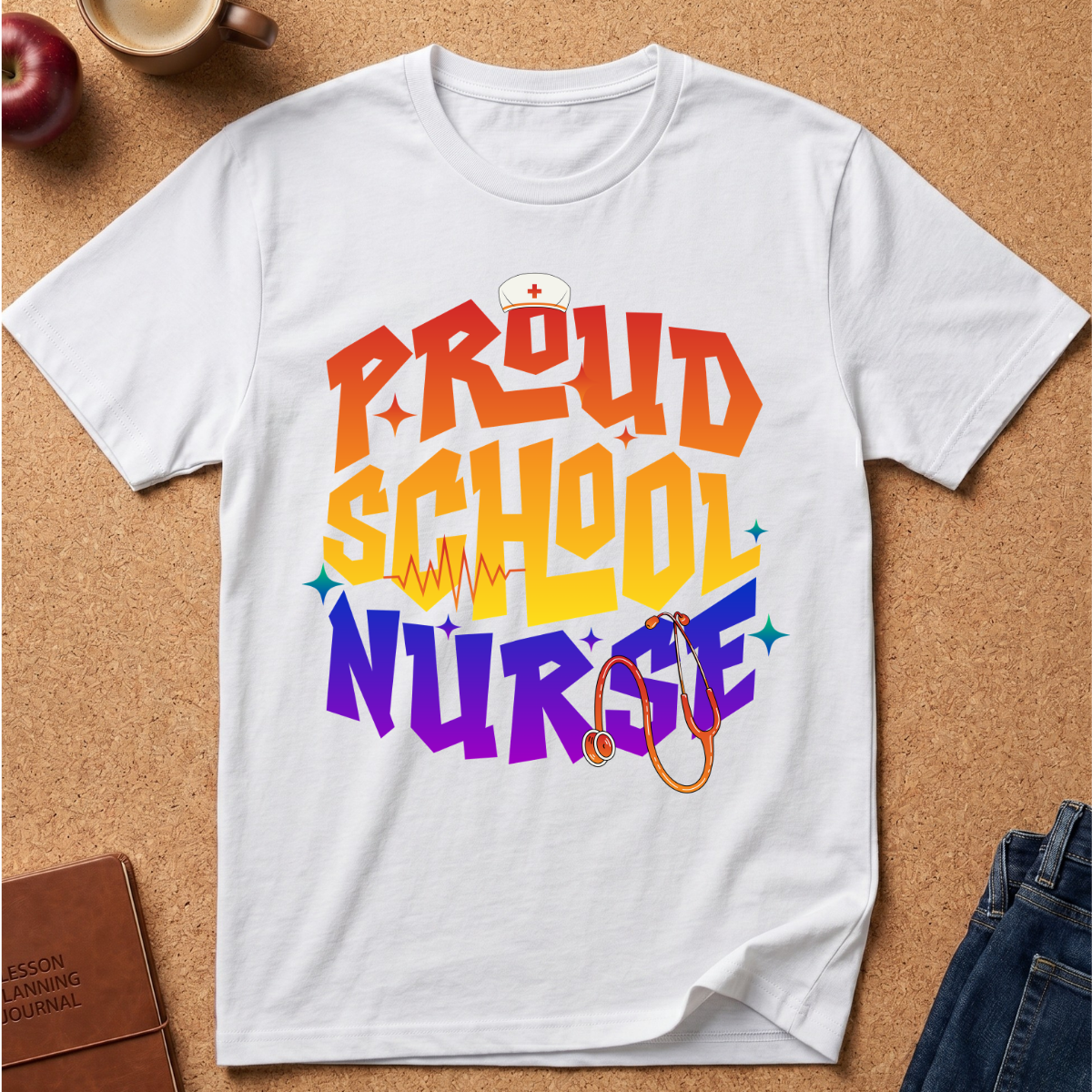 A white short-sleeve T-shirt laid flat on a cork surface, featuring a colorful retro-style graphic that reads “PROUD SCHOOL NURSE” in orange, yellow, and purple lettering, with a stethoscope and nurse cap illustration. Partial props including an apple, coffee cup, book, and jeans are visible around the shirt.