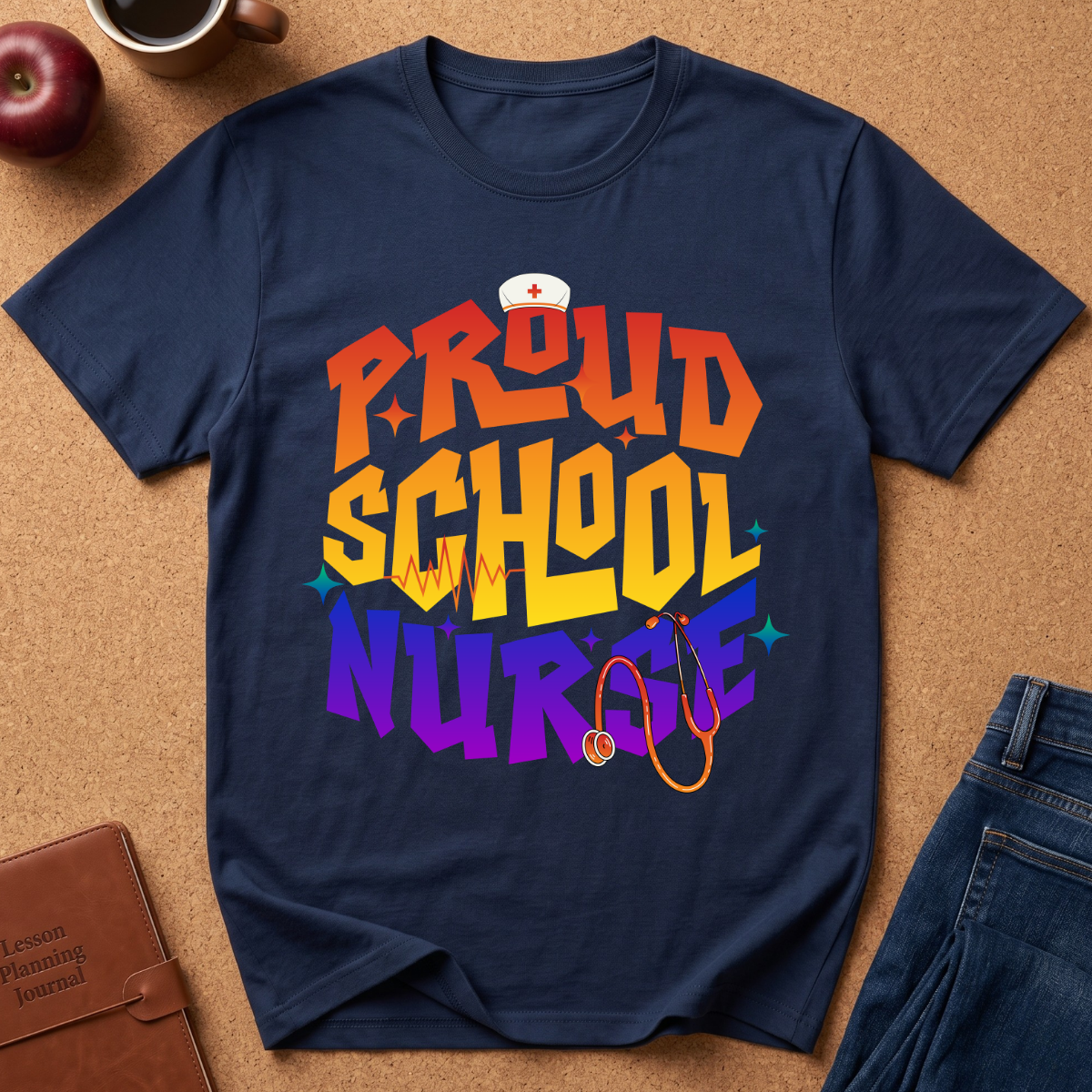A navy blue graphic t-shirt laid flat on a brown cork board background, featuring the text 'PROUD SCHOOL NURSE' in a colorful retro gradient with a nurse hat and stethoscope illustration. Styled flat-lay props include an apple, a coffee cup, a brown journal, and blue jeans.
