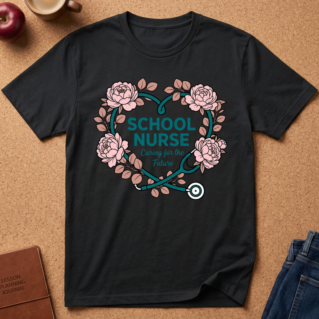 A black short-sleeve graphic T-shirt laid flat on a cork-like surface, featuring a floral heart design with pink roses, teal leaves and stethoscope elements, and the words 'SCHOOL NURSE' and 'Caring for the Future.' Partial props including an apple, mug, journal, and jeans are visible around the shirt.