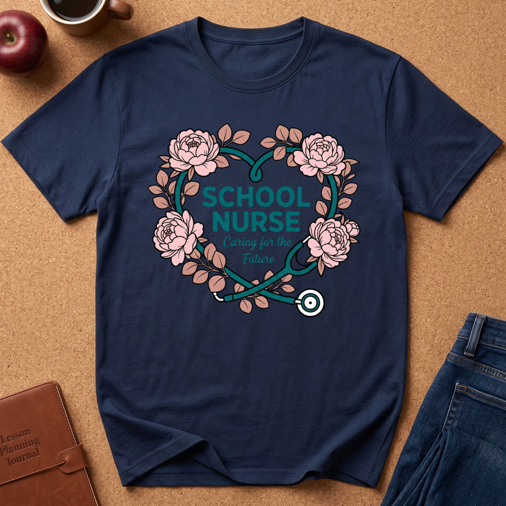 A navy blue short-sleeve t-shirt laid flat on a cork background, featuring a floral heart graphic with a stethoscope and the words 'SCHOOL NURSE' and 'Caring for the Future.' Partial props around it include an apple, a mug, a journal, and jeans.