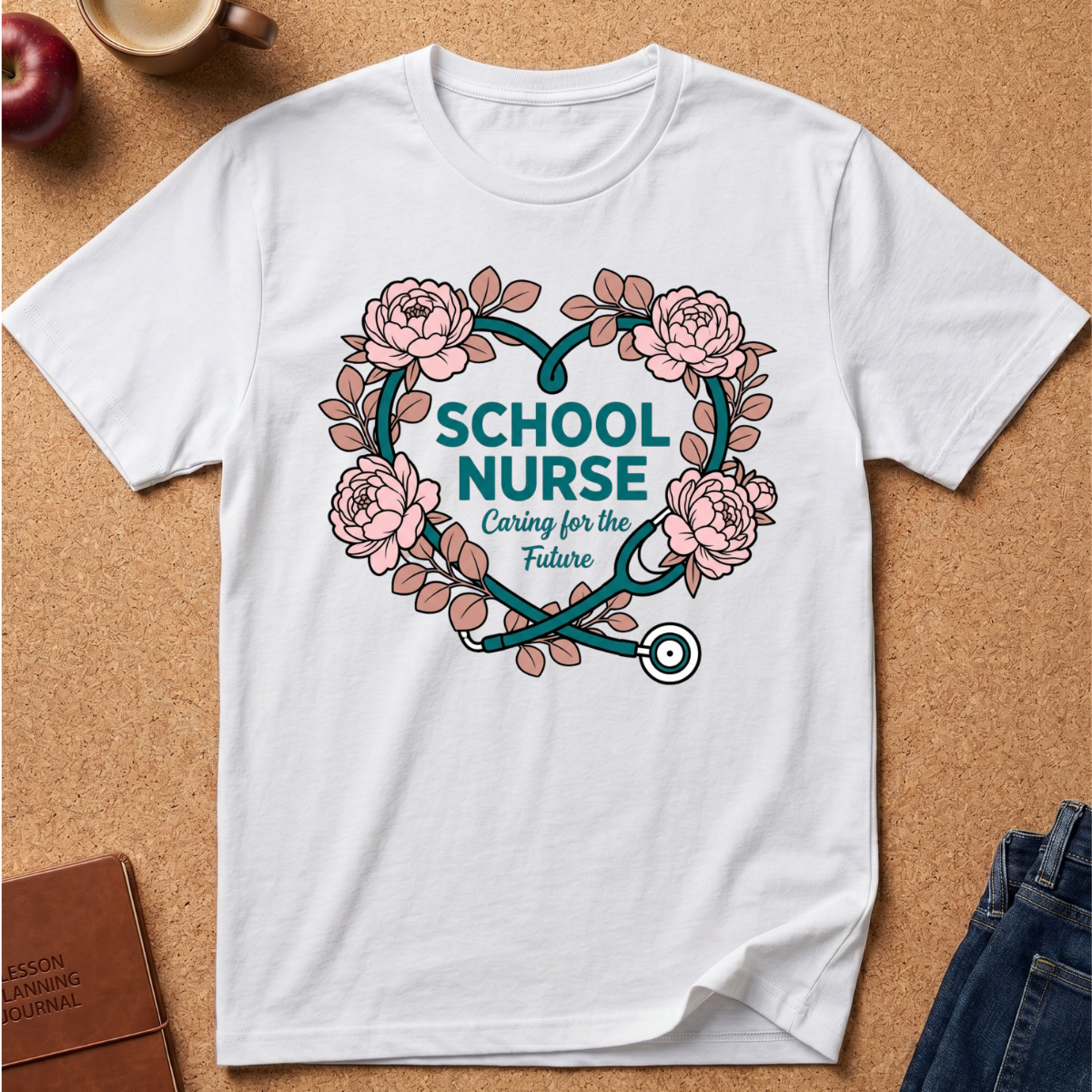 A white short-sleeve crewneck t-shirt laid flat on a cork background, featuring a graphic of a stethoscope and roses forming a heart shape around the words 'SCHOOL NURSE' and 'Caring for the Future'.