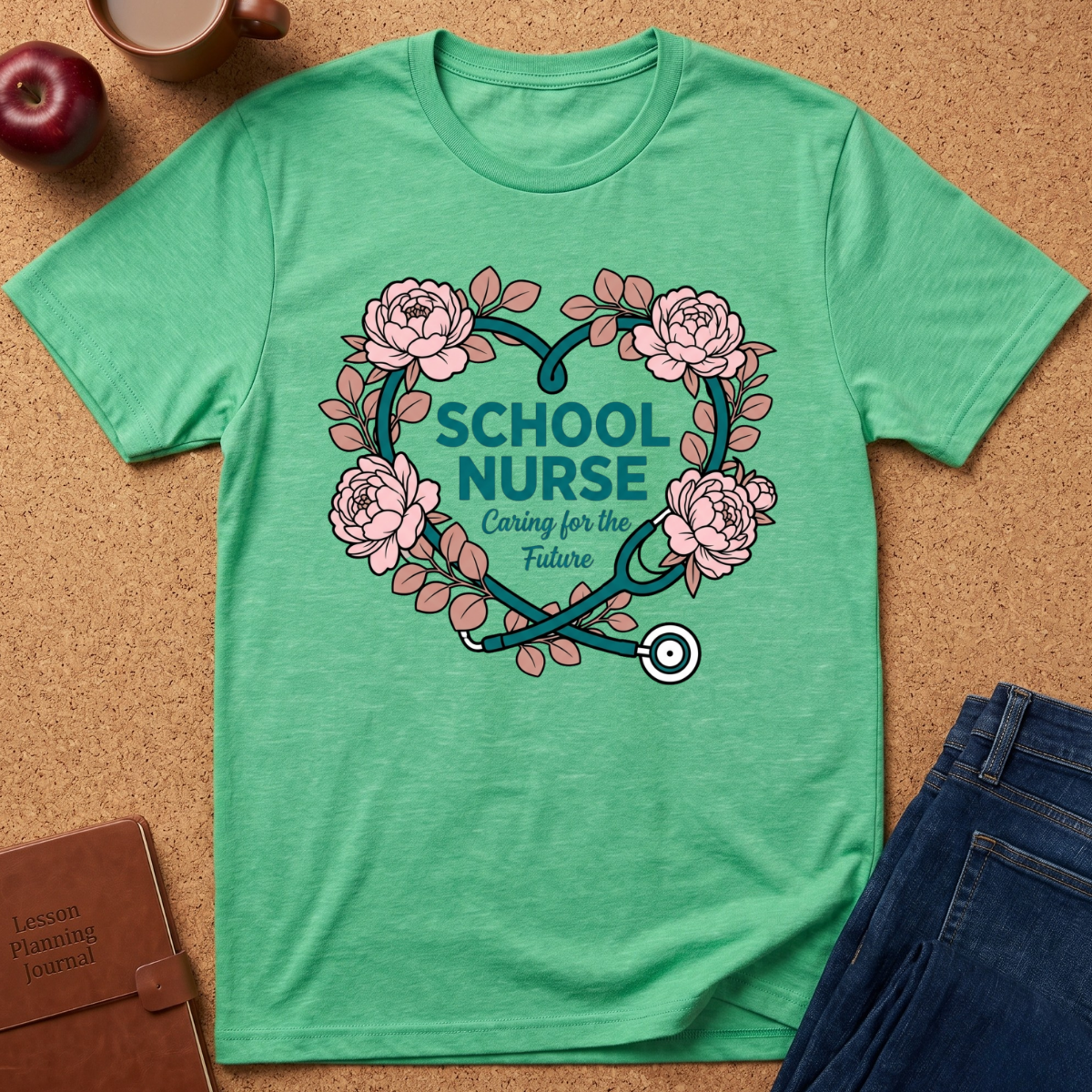 A mint green graphic t-shirt laid flat on a cork background, featuring a heart-shaped floral wreath with a stethoscope and the words 'SCHOOL NURSE Caring for the Future.' Styled flat-lay props include an apple, a coffee cup, a brown journal, and blue jeans.
