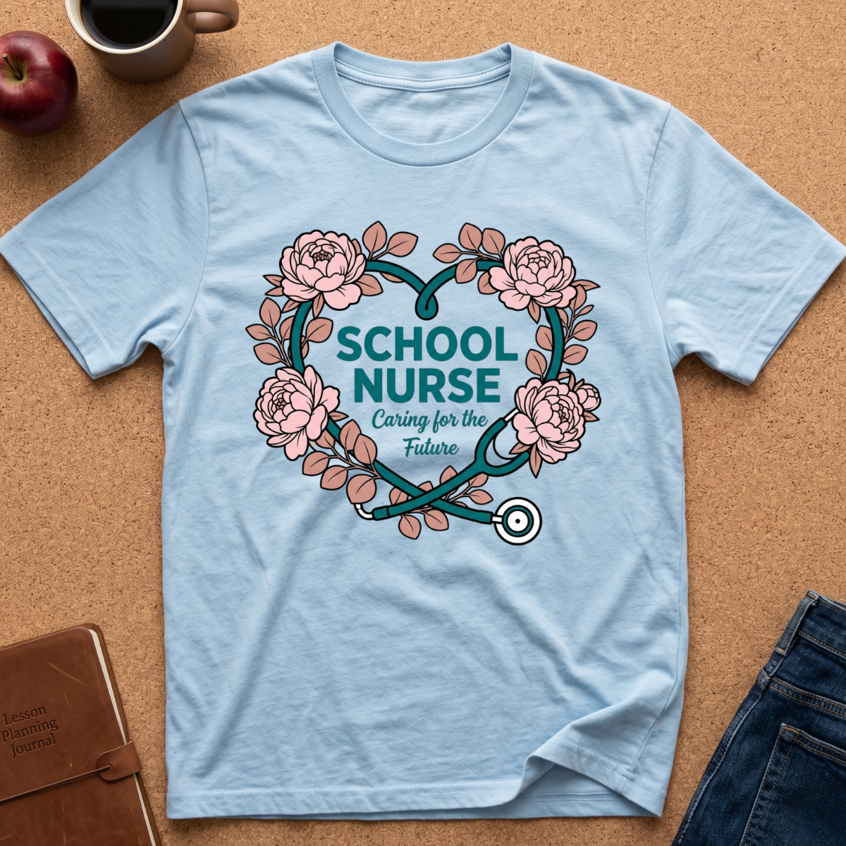 A light blue short-sleeve t-shirt laid flat on a cork background, featuring a heart-shaped floral wreath with a teal stethoscope and the words 'SCHOOL NURSE' and 'Caring for the Future.' Props around it include an apple, a mug, a notebook, and folded jeans.