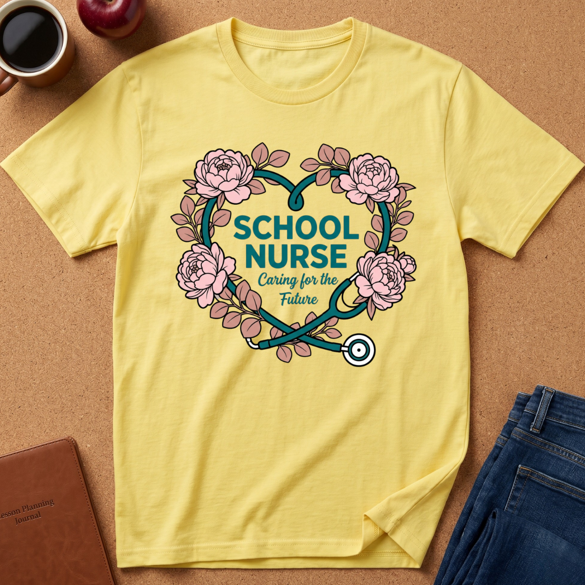 A pale yellow short-sleeve T-shirt laid flat on a cork-like surface, featuring a floral heart design with pink flowers, green leaves, and a teal stethoscope around the words 'SCHOOL NURSE' and 'Caring for the Future.' A coffee cup, apple, notebook, and folded jeans are partially visible around it as styling props.