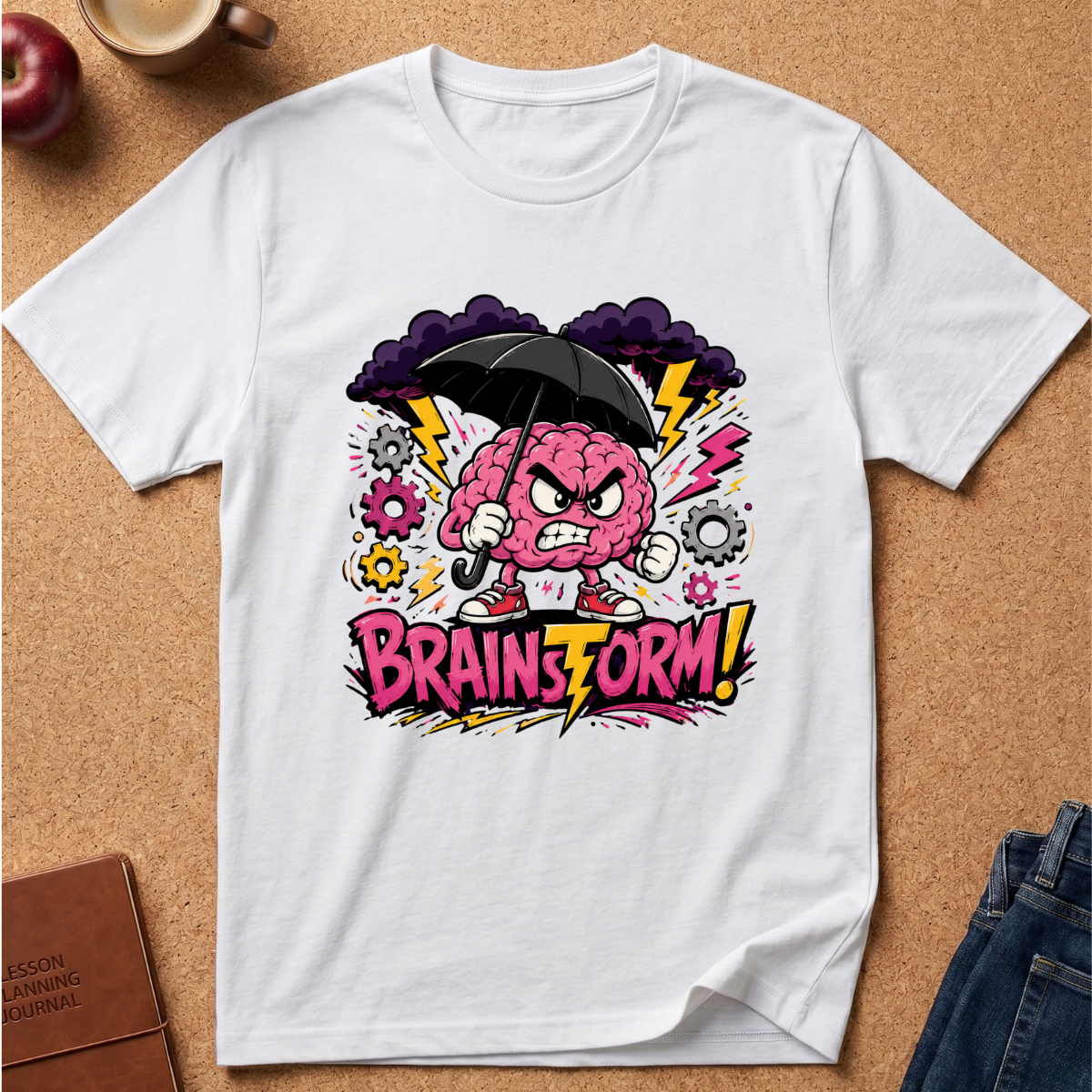 A white short-sleeve crewneck t-shirt laid flat on a cork background, featuring a colorful graphic of a pink brain character holding a black umbrella under dark clouds with the text 'BRAINSTORM!'.