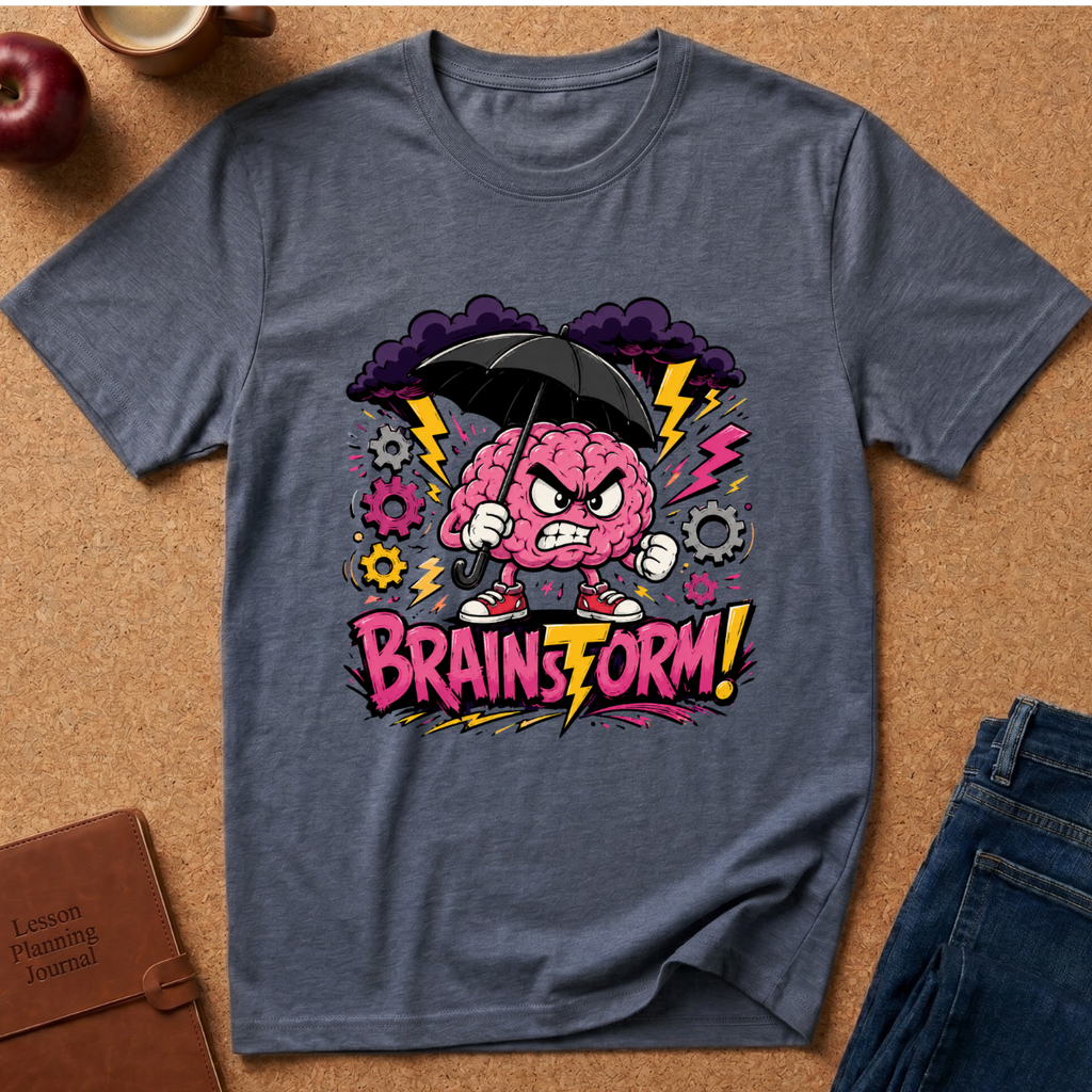 A heathered blue-gray t-shirt laid flat on a cork background, featuring a colorful graphic of an angry pink brain holding a black umbrella with the text 'BRAINSTORM!'.