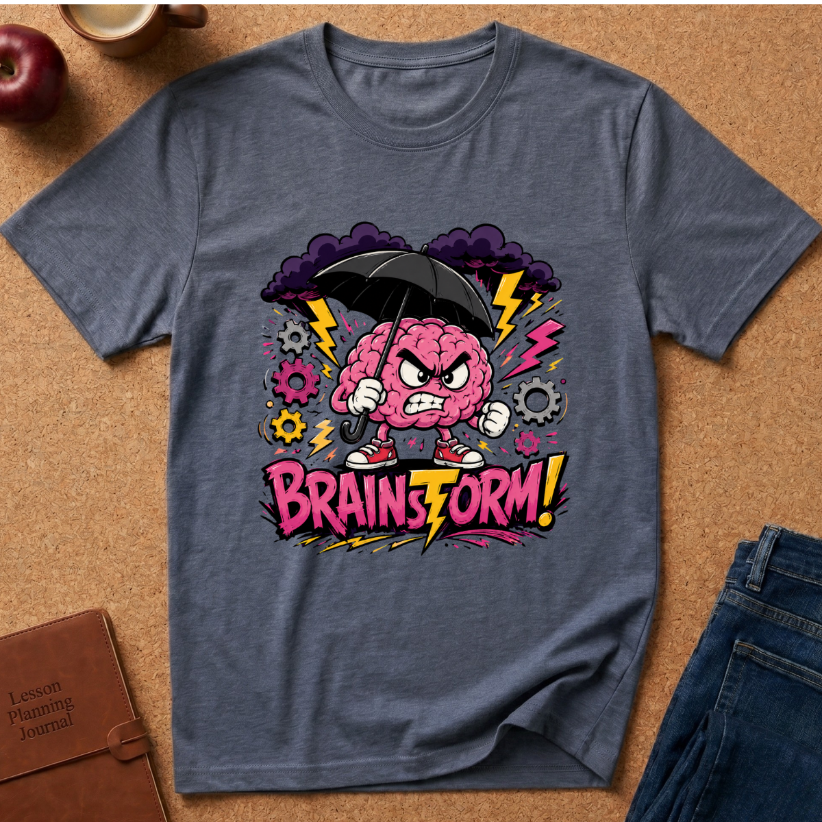 A heathered blue-gray t-shirt laid flat on a cork background, featuring a colorful graphic of an angry pink brain holding a black umbrella with the text 'BRAINSTORM!'.