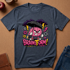 A navy blue graphic t-shirt laid flat on a brown cork background, featuring a cartoon angry pink brain holding a black umbrella with the text 'BRAINSFORM!' in pink and yellow. Styled flat-lay props include an apple, a coffee mug, a notebook, and blue jeans.